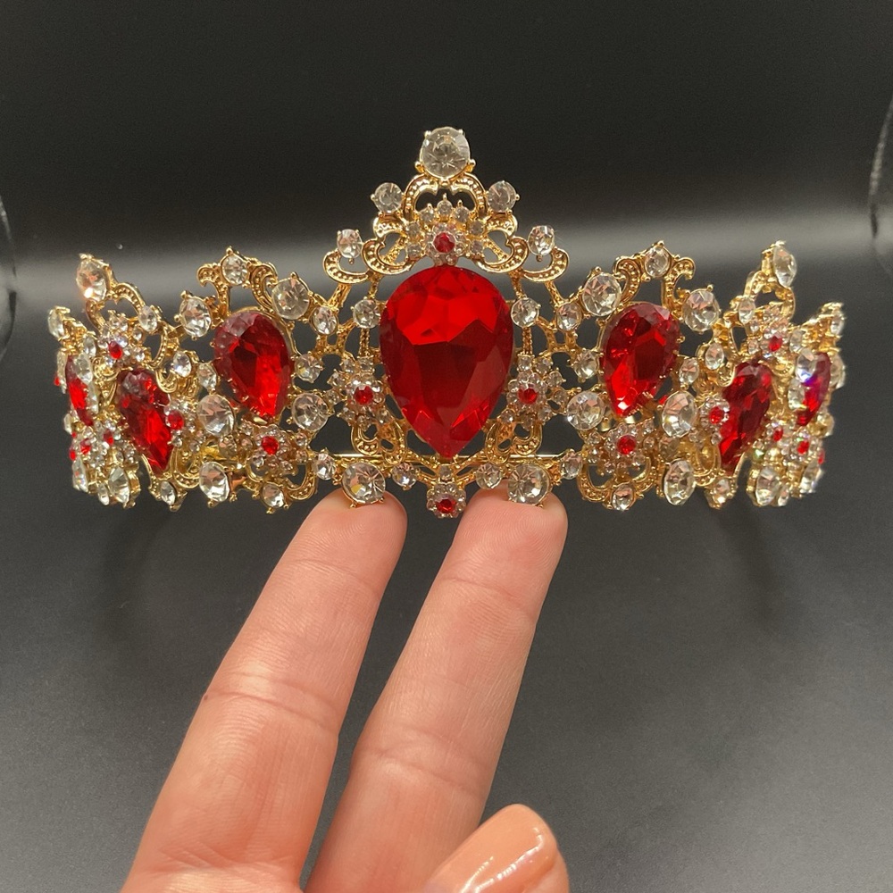 Red and Gold Tone Rhinestone Tiara Crown Headdress Jeweled Crystal